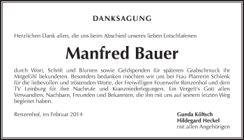 Traueranzeige von Manfred Bauer von Pegnitz-Zeitung